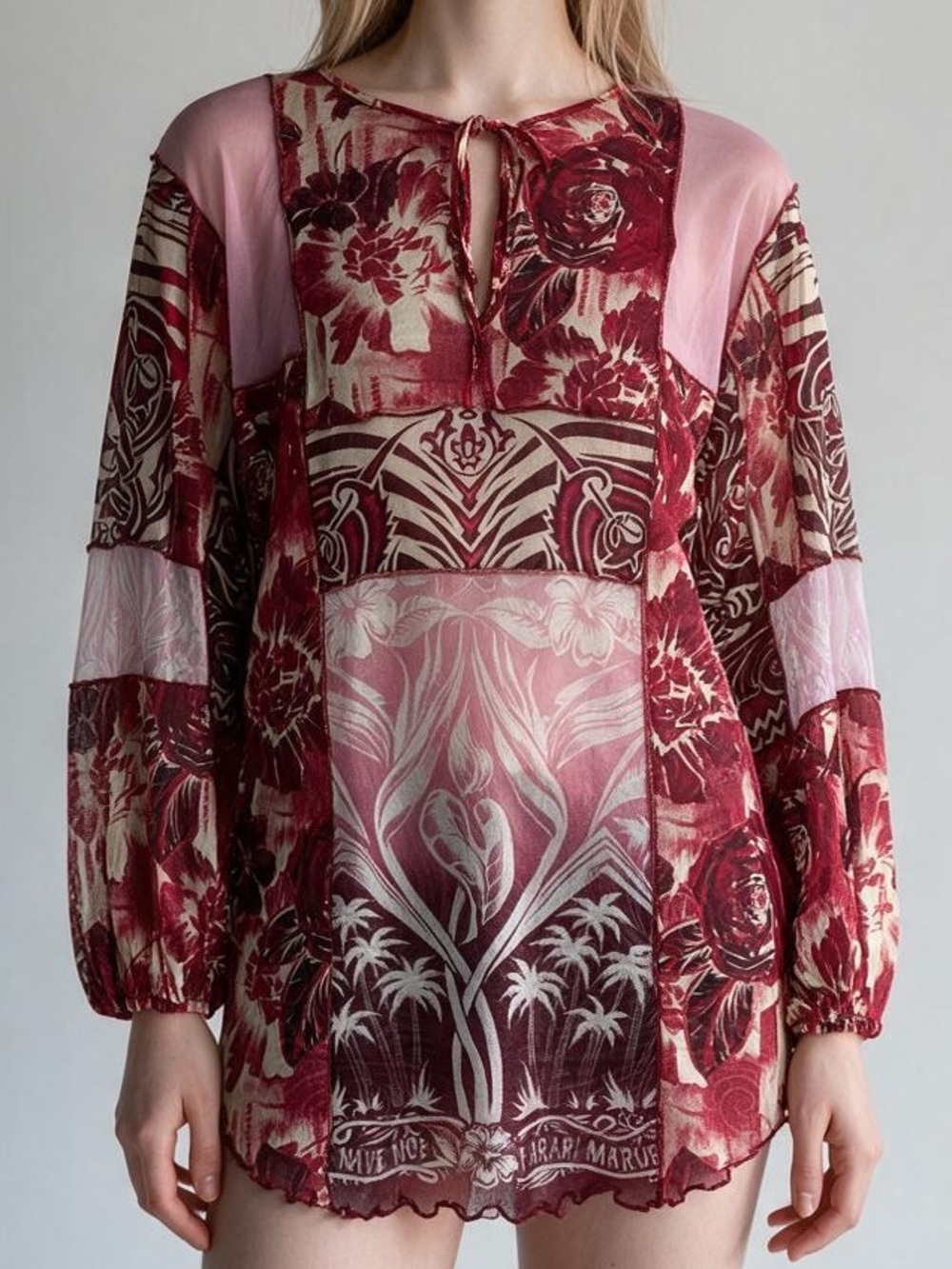 Emporio Armani Sz 42 Sheer Floral Panel Tie-Neck Blouse Red Pink Boho Designer